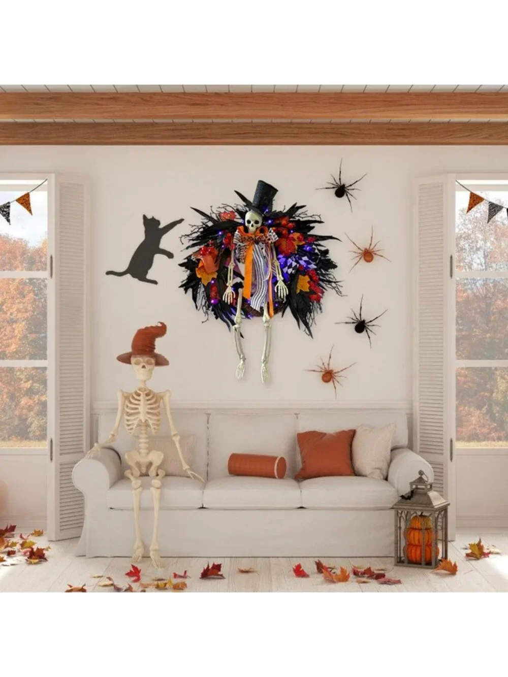28-Inch Lighted Halloween Skeleton Wreath | Gothic Dark Aesthetic Door Decor